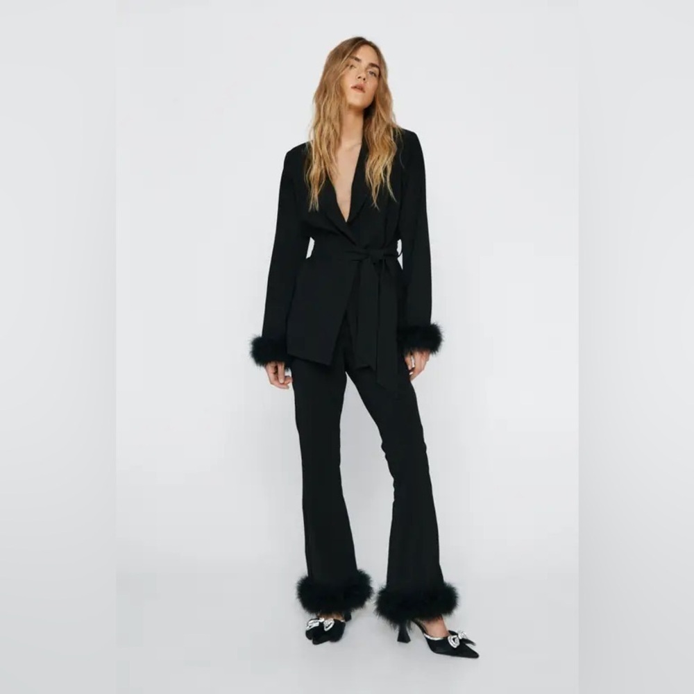NastyGal Black Faux Feather Trimmed Belted Blazer & Flare Pants- Size US 6